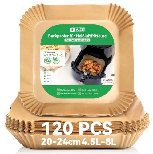 Inwee 120PCS Air Fryer Liners, 20-24cm (7.9-9In) Square Air Fryer Paper Liners Disposable, Compatible with COSORI,Ninja, Tefal,Tower Air Fryers,Non-Stick Greaseproof Air Fryer Accessories