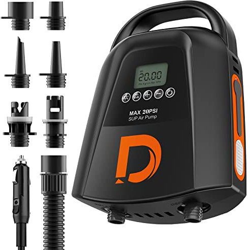 20PSI High Pressure Electric Pump 9000mAh Quick Air Inflator and Auto-Off, Rechargeable, Portable 12V DC Car Connector for Inflatable Stand Up Paddle Boards, Boats