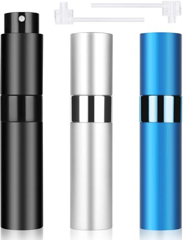 ACWOO Atomizador Perfume Recargable, 3pcs Portátil Mini Botella de Perfume Vacía Recargable, 10ml Mini Botellas de Spray, Botella Vacío Pulverizador para Viajes, Vacacione, Negro+Azul+Plata