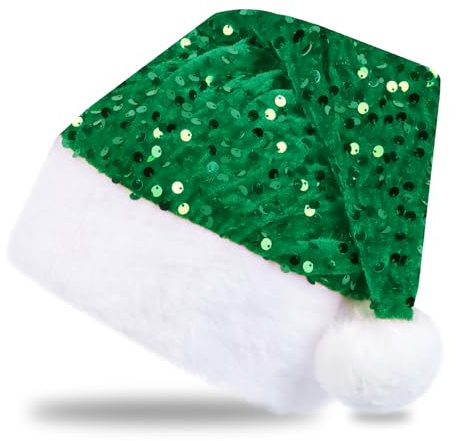 Katzinst Weihnachtsmütze, Nikolausmütze Grün für Erwachsene & Kinde, Paillettenbesetzter Weihnachtshut, Warme Doppellagige Krempe,Gemütliche Weihnachtsmütze mit Bommel, Weihnachtsmann Kostüm Grün
