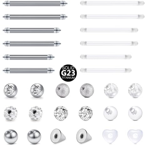 CIZME Titan Flexible UV Brustwarzenpiercing 14G 1.6mm Zungenpiercing Stab | 30er Set Straight Barbell 12mm 14mm 16mm Kugel Aufsätze Nippelpiercing Industrial Schmuck Stecker Frauen Transparent