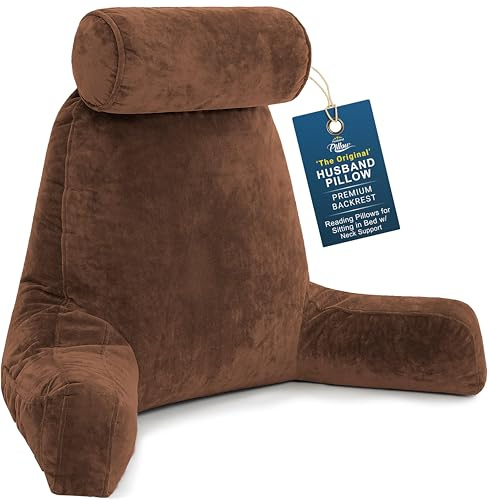 Husband Pillow XXL Chocolate Backrest with Arms - Adult Reading Pillow Shredded Memory Foam, Ultra-Comfy Removable Microplush Cover & Detachable Neck Roll, Unmatched Support Bed Rest Sit Up Pillow
