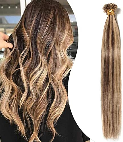 Elailite Bonding Extensions Echthaar Haarverlängerung Haarverlängerung Keratin 100% Remy Haar 1g Pro Strähne 16''(40 cm)-50g #4P27 Mittelbraun/Honigblond