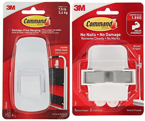 Command 17007-ES Broom Gripper, 1 Broom holder and 2 Adhesive Strips, Suitable for storing brooms and mops up to 1.8 kg & 17004 Jumbo Hook with Strips - White, Pack of 1