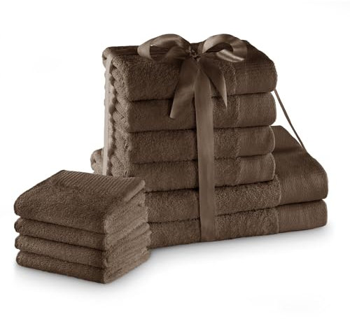 AmeliaHome Handtuch Set Braun 4 Gästetücher 30x50 cm, 4 Handtücher 50x100 cm und 2 Duschtücher 70x140 cm 100% Baumwolle Qualität Saugfähig Schoko Amari