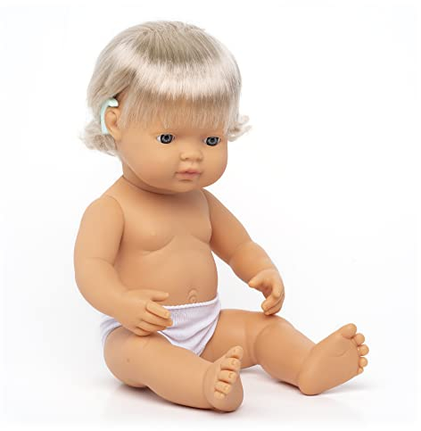 Miniland europäisches Mädchen 38cm, mit Hörgerät, ohne Unterwäsche, 31114, Weiß