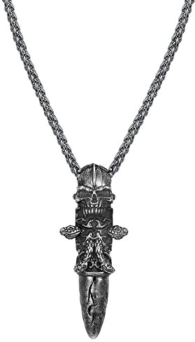 JewelryWe Schmuck Halskette Herren Retro Gotik Totenkopf Schädel Schlange Patronenhülse Gewehrkugel Kugel Edelstahl Anhänger mit Kette Geschenk für Männer Schwarz
