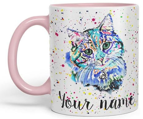 Vixar Personalised with Your Text Blue Cat Kitten Feline Watercolour Art Coloured Ceramic Mug Cup Gift 330ml 11oz Custom Work Office Tea Coffee (Pink)