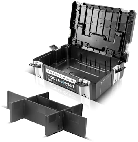 STAHLWERK Universal Toolbox mit Innenfach Größe S 443 x 310 x 128 mm stapelbare Systembox | Werkzeugkiste | Werkzeug-Organizer im Modul-System aus hochbelastbarem ABS-Kunststoff mit Tragegriff