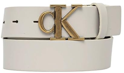 Calvin Klein Damen Gürtel Monogram Plaque Buckle 3,0 cm Ledergürtel, Elfenbein (Silver Birch/Tumbled Gold), 105 cm