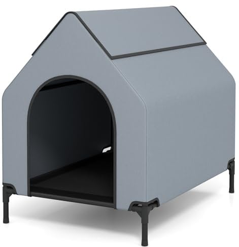 Maxmass Large Dog House, Elevated Dog Bed with Weatherproof Canopy, Ventilated Windows & Mesh Fabric Mat, Outdoor Indoor Pet House for Medium Large Dogs (Grey, M: 91x64x86cm)