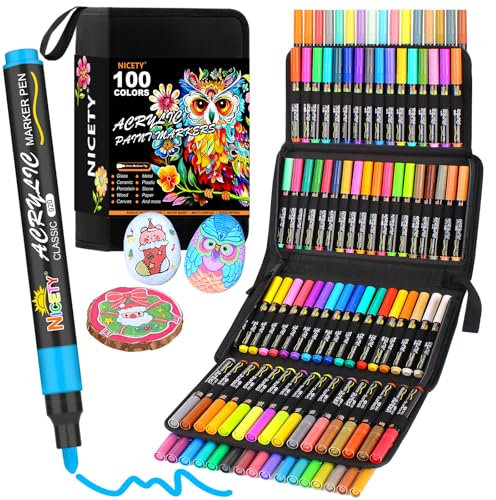 NICETY 100 Pcs Acrylic Paint Pens - 3mm Medium Tip Paint Markers for Rock Painting, Stone, Glass, Wood, Porcelain, Ceramic, Fabric - Water-Based Acrylic Pens
