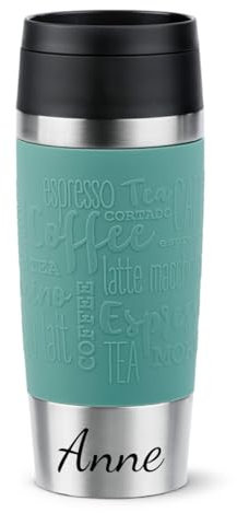 Isolierbecher mit Gravur (zB Namen) 360ml TRAVEL MUG Manschette petrol/türkis, personalisierter Thermo-Kaffeebecher/Teebecher