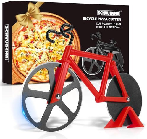Thapncow Fahrrad Pizzaschneider, Edelstahl Pizza Schneider, Lustige Küchen Gadgets, Doppel Pizza Cutter mit Scharfem Schneiderad & Ständer für Weihnachten Party Geschenke, Rot