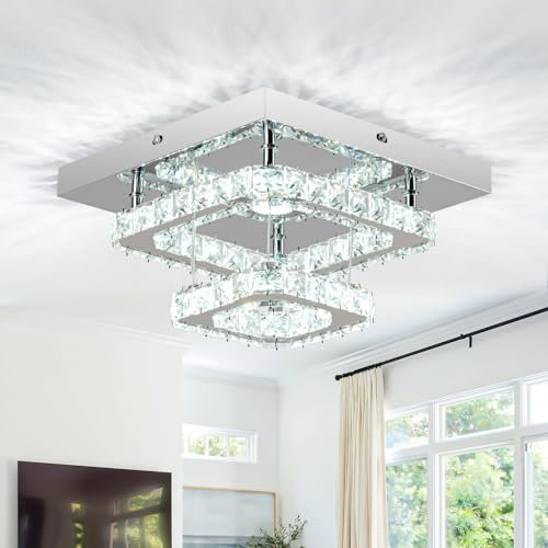 RHEAFON Crystal Ceiling Light Fitting Mini LED Chandelier Ceiling Light Square Chandeliers for Kitchen Hallway Bedroom Living Room,Cool White,Dia 25cm