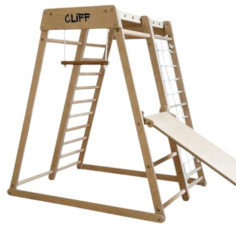 Cliff Compact Indoor Klettergerüst aus Holz mit Rutsche und Trapez, Montessori Kinderzimmer, Kletterturm für Kinder, Made in EU, Qualität aus Österreich