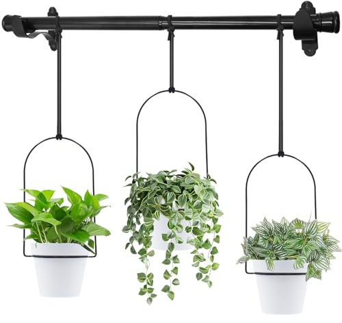 DOUBFIVSY Barre de Pot de Fleurs Suspendus en Métal Réglable pour Plantes Intérieures Extérieures, 58cm Étagère de Plante Murale et Fenêtre avec 3 Pots, Tige de Support de Plante Salon Balcon Jardin