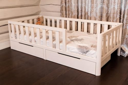 Mandrele - Montessori Bett, Bodenbett mit Lattenrost und Schubladen, Rausfallschutz Bett, Kinderbett, Holzbett mit Bettgestell für Jungen und Mädchen, 140x200 cm, Weiß