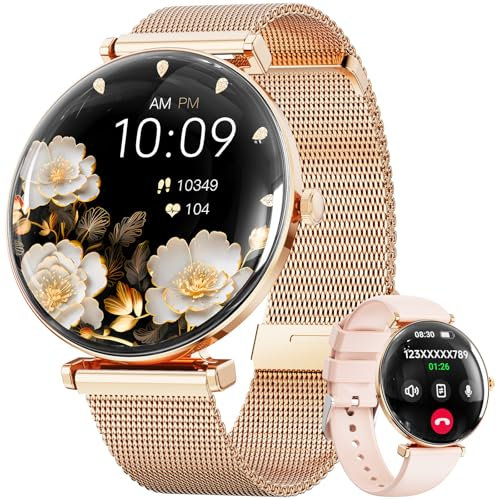 Smartwatch Damen, Konvexe Licht Dünn Smartwatch für Damen, 4,3 cm 1,43 Zoll AMOLED Touchscreen, Sportuhr mit Fitnessuhr, DIY Zifferblatt, Schlafüberwachung, Schrittzähler für Android iOS（Rose Gold）