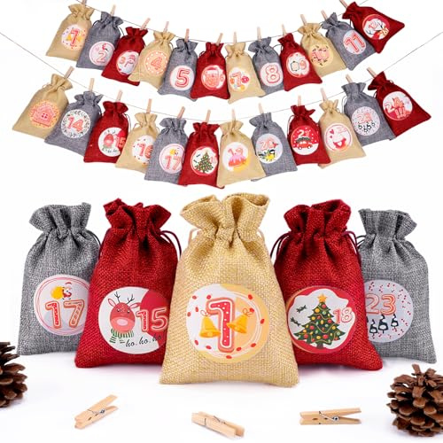 Adventskalender zum Befüllen – 24 bedruckte Jutesäckchen mit Klammern & Schnur – Weihnachtskalender Stoffbeutel für Kinder & Erwachsene – DIY Adventsdeko zum Aufhängen & Wiederverwenden
