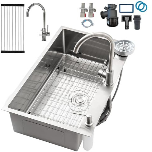 KOOGIMDDR 85x50cm Acciaio Inox Lavello Cucina 1 Vasca, Con Griglia In Acciaio Inox Nano, Lavabo Cucina con 3 Fori Scolapiatti da Appoggio con Rubinetto, con Dispenser Sapone Da Appoggio o Filotop