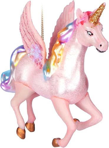 BRUBAKER Fliegendes Einhorn - Weihnachtskugel aus Glas mit Regenbogen Mähne und Flügeln - Handbemalt & Mundgeblasen - Lustiger Christbaumschmuck Figuren - Deko Anhänger Baumkugel - 13 cm