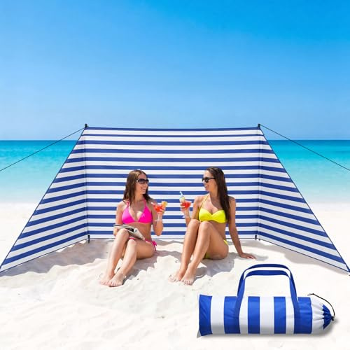 Tigeen 15 x 4.6 ft Beach Wind Screen Set Wind Blocker Sunbathing Privacy Screen Stripe with with 2 Metal Pole Ground Stake Carry Bag Portable Beach Windscreen for Summer Sand Outdoor Protection Sport