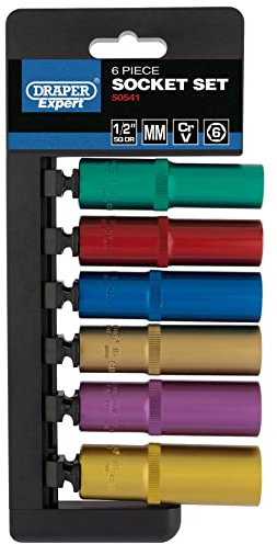 Draper 50541 Metric Coloured 6 Piece Deep Socket Set, Blue, 1/2-Inch Square Drive