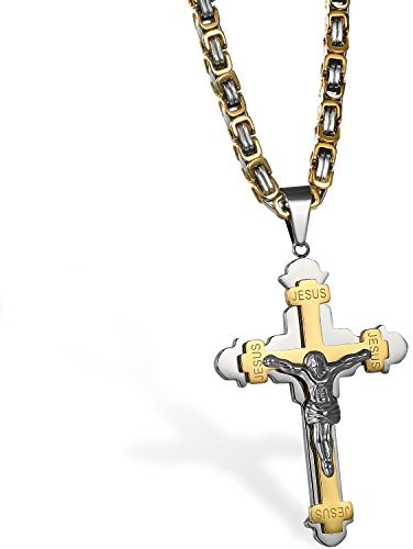 JewelryWe Schmuck Edelstahl Jesus Christus Kruzifix Kreuz Anhänger mit 55cm Kette, Halskette für Herren und Damen, Gold Silber