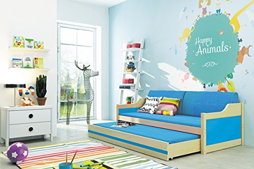 David Kinderbett mit Ausziehbett aus Kiefernholz für Kinder + Aufbewahrung + Matratzen, Farben Siehe 190 x 80 x 200 x 90 cm, blau, 190x80