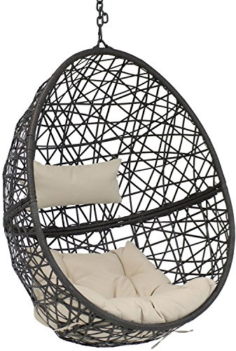 Sunnydaze Caroline Hanging Resin Wicker Egg Chair - 265-Pound Weight Capacity - Removable Beige Polyester Cushions