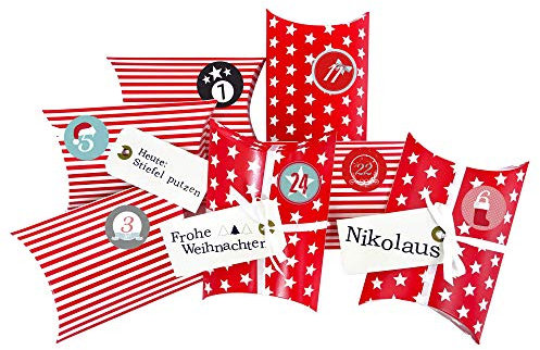Frau WUNDERVoll® DIY ADVENTSKALENDER CHRISTKIND zum Befüllen, rot Sterne und Streifen, Ziffern bunt, Kissenschachteln 15x11x4,5cm / Weihnachten, Papiertüten, Kinder, Geschenkbeutel, Aufkleber