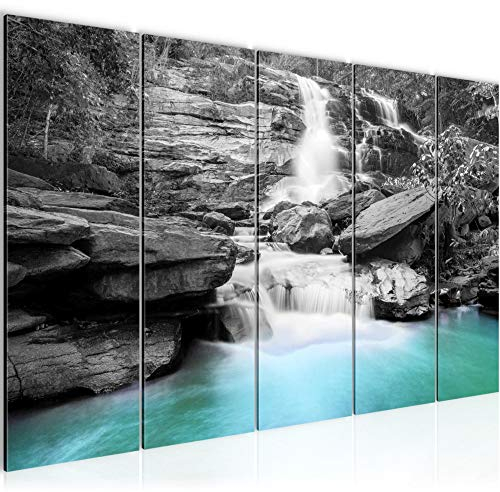 Runa Art Wandbild XXL Wasserfall Wohnzimmer Schlafzimmer 200 x 80 cm Türkis Grau 5 Teilig - Made in Germany - 024555b