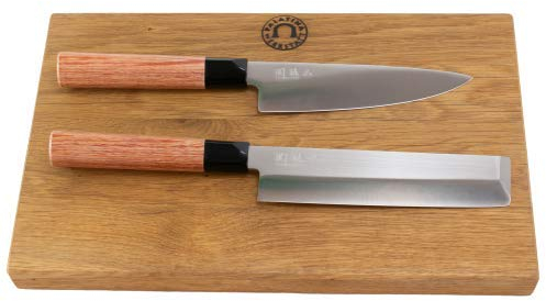 Kai Shun Seki Magoroku Redwood - Set di 2 coltelli giapponesi affilati, con grande tagliere in rovere massiccio, 35 x 21 cm