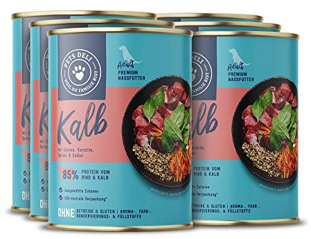 Pets Deli Nassfutter für Hunde mit Kalb, Quinoa, Karotte, Spinat und Salbei ohne Zucker und Gluten 6 x 400g