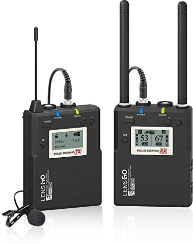 LENSGO Wireless Lavalier Microphone System, LWM-338C 99-Channel UHF Full Metal Professional Omnidirectional Wireless Lapel Mic with 1 Transmitter & 1 Receiver for Canon Nikon DSLR Camera Smartphone