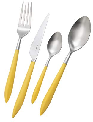 BUGATTI, Ares, ensemble de 4 couverts en acier inoxydable 18/10 et poignée de couleur pourrie (jaune), ensemble pour 1 personne: 1 cuillère, 1 fourchette, 1 couteau et 1 cuillère à café