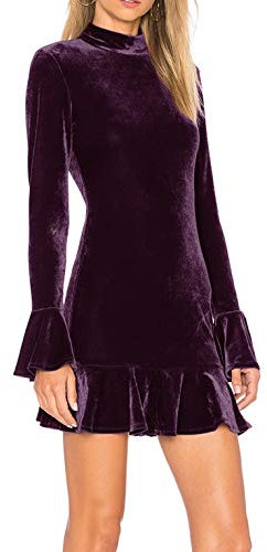 R.Vivimos Donna Mini Vestito Manica A Campana Sottile Bodycon Increspature Hem Velluto Abito Corto(M,Viola)