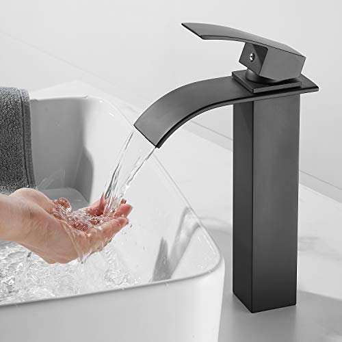 THEEIERCE Wasserfall Wasserhahn Bad, Hoch-Waschtischarmatur für Badzimmer, Waschtisch-Einhebelmischer für Aufsatzwaschbecken, Kaltes und Heißes Wasser Vorhanden, Lackoberfläche Matt (Schwarz)