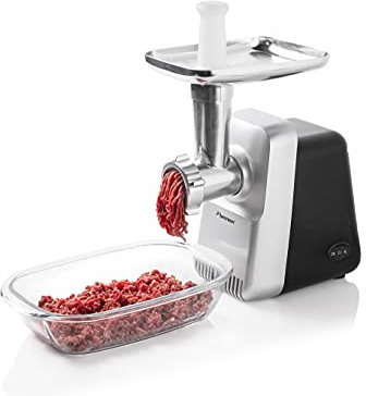 Bestron Hachoir à viande électrique 5 en 1, Inclut hachoir rotatif en acier inoxydable avec 3 disques de coupe, accessoire pour saucisses et kebbé & poussoir, 1300 Watts, Couleur: argent/noir