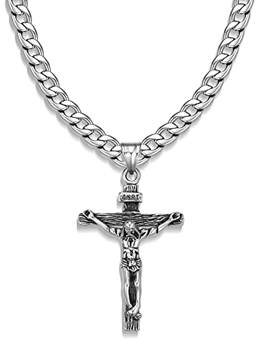 Jewow Edelstahl Herren Halskette Jesus Christus Kruzifix Anhänger 7mm breite Panzerkette