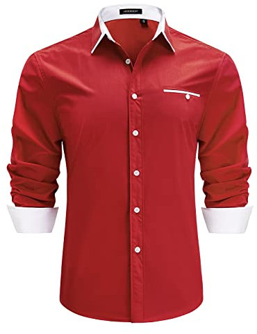 HISDERN Mens Formal Red Shirt Button Down Long Sleeve Casual Dress Shirts Double Collar Regular Fit XXL