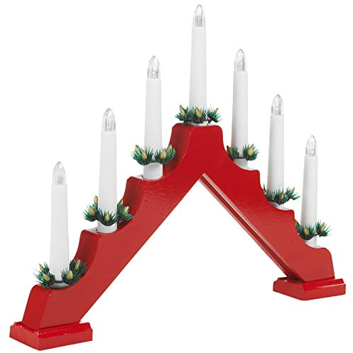 Traditional 7 Arm Christmas LED Candle Stand Bridge Holder, Christmas Xmas Lighting Home Decor Display Feature | Requires 2 x AA Batteries (Red)