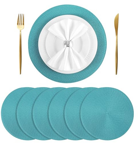 BAOFIN Runde gewebte Tischsets 6er Set, Herbst Tischsets für Thanksgiving, 38,1 cm, Türkis - Waschbar Rutschfest
