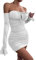 Zesoyne Women Off The Shoulder Ruched Bodycon Mini Dress Flounce Long Sleeve Tie Front Short Club Dresses X-Small White