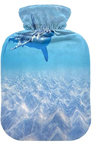 Ocean Sea Animal Shark Hot Water Bottle with Cover, 1 L Transparent Hot Water Bag Hot Cold Compress, Great for Cramps Back Shoulder Pain Relief, Kids Men Women Hand Foot Warmer