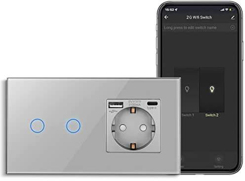 CNBINGO Smart Touch-Lichtschalter mit USB Schuko Steckdose, mit USB Anschluss und Typ C (Max. 3.1A), WLAN Lichtschalter für Alexa, Google Assistant, Schutzkontakt Wandsteckdose Unterputz, Grau