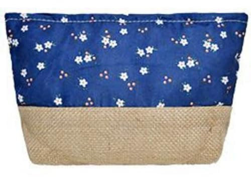 Trousse de toilette en jute imprimée femme avec fermeture éclair Sac cosmétique, Fleurs - Bleu marine