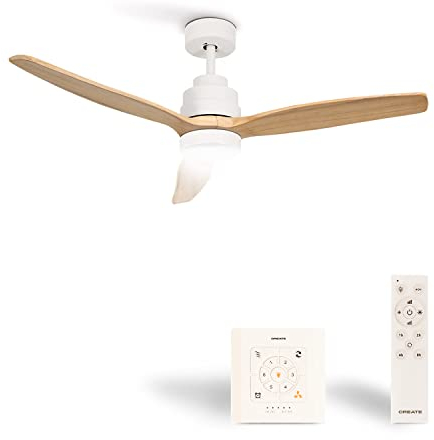 CREATE / WINDSTYLANCE DC/Ventilador de techo con luz blanco aspas madera natural con controlador y mando / 40W, Silencioso, Ø132 cm, 6 velocidades, temporizador, verano-invierno, doble altura