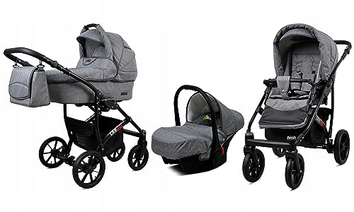 BabyLux® Kinderwagen Set 3 in 1 - Largo - incl. Babywanne, Buggy Sportsitz, Auto-Babyschale - Autositz - Kinderwagenset - Kombikinderwagen mit Wickeltasche, Regenschutz usw.